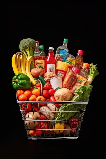 Closeup of a shopping cart filled with groceries created with generative ai