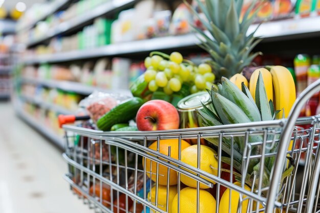 Closeup of a shopping cart full of groceries in a supermarket modern white scene