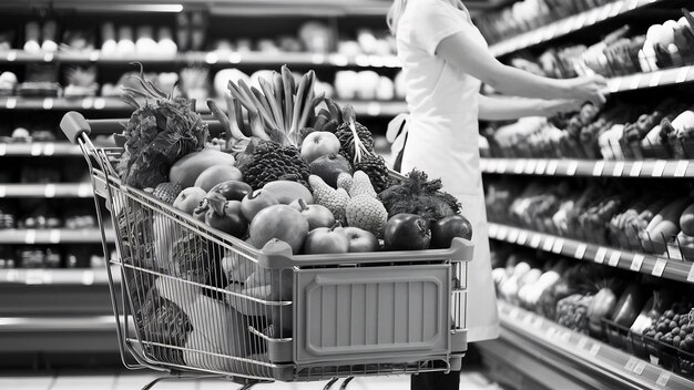 Photo closeup of shopping cart at supermarket full of food fruit and vegetables while in background woma