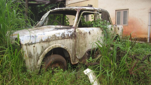 A closeup shot of an abandoned old car outdoors