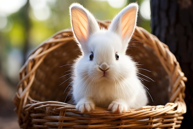 Closeup shot of an adorable white bunny in a woven basket