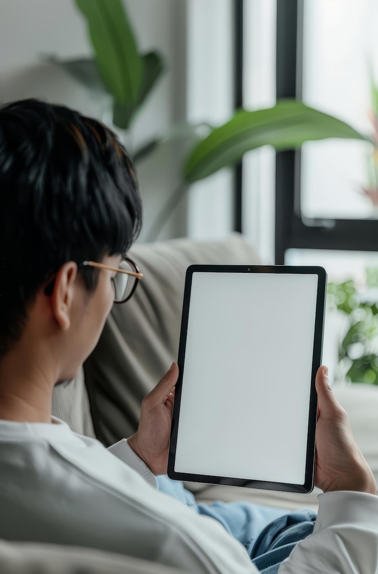 Photo アジア 人 の 男性 が 手 を 握っ て タブレット を 読ん で いる 写真