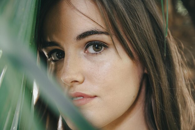 A closeup shot of an attractive girl with brown long hair posing behind the green leaves of the trees