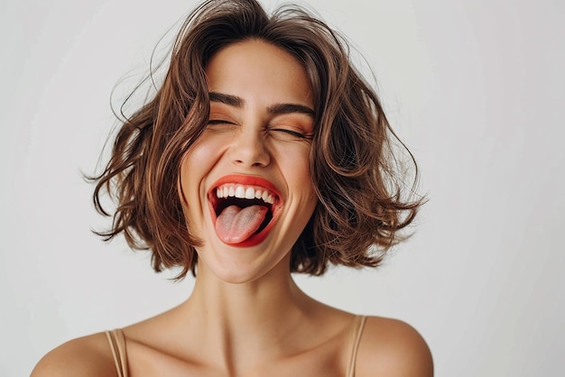 closeup shot of attractive young woman winking joyfully and showing tongue sassy on white isolated background