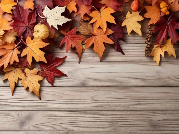 Closeup shot of autumn leaves and conifer cones on wooden background