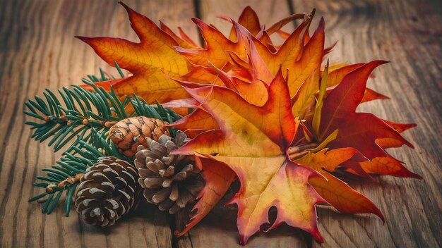 Closeup shot of autumn leaves and conifer cones on wooden background