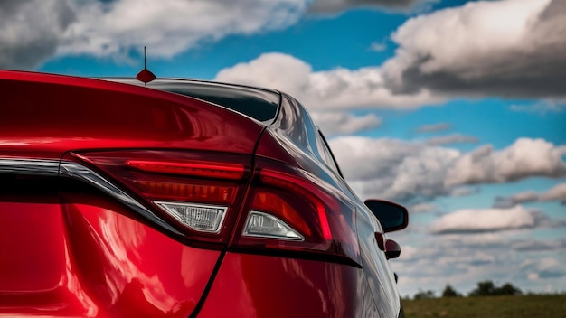 Closeup shot of the back part of a red car under a sky full of clouds