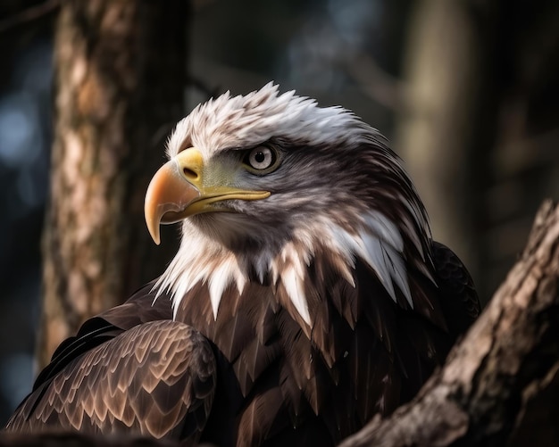Closeup shot of bald eagle on a tree branch looking forward