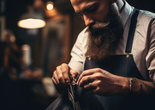 Foto un primo piano delle mani di un barbiere che taglia abilmente la barba di un cliente catturando l'intricato