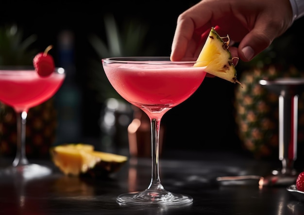 A closeup shot of a bartender pouring vodka Chambord and pineapple juice to craft the perfect Fre