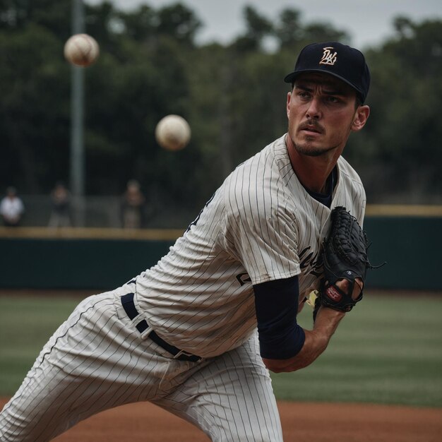 A closeup shot of a baseball pitcher winding up for a powerful throw with the determination eviden