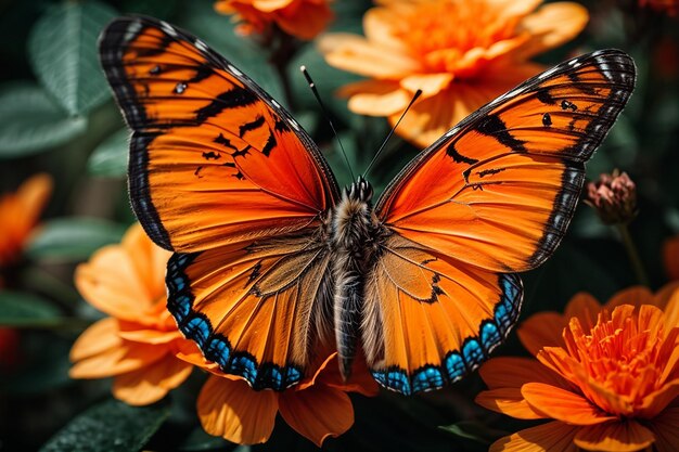 Closeup shot of a beautiful butterfly with interesting textures on an orangepetaled flower