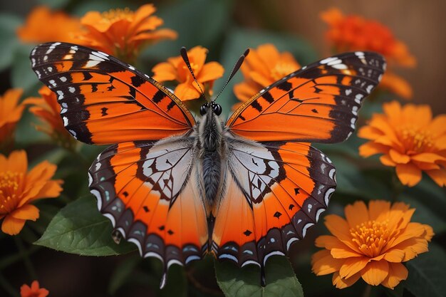 Closeup shot of a beautiful butterfly with interesting textures on an orangepetaled flower