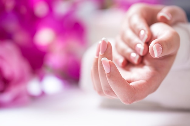 Closeup shot of beautiful female dands with nails of france manicure Manicure and spa concept