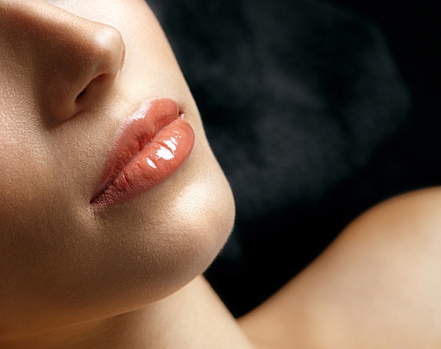 Photo closeup shot of beautiful female lips after permanent makeup procedure. space for text