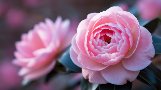 Closeup shot of a beautiful pink camellia flower on blurred scene