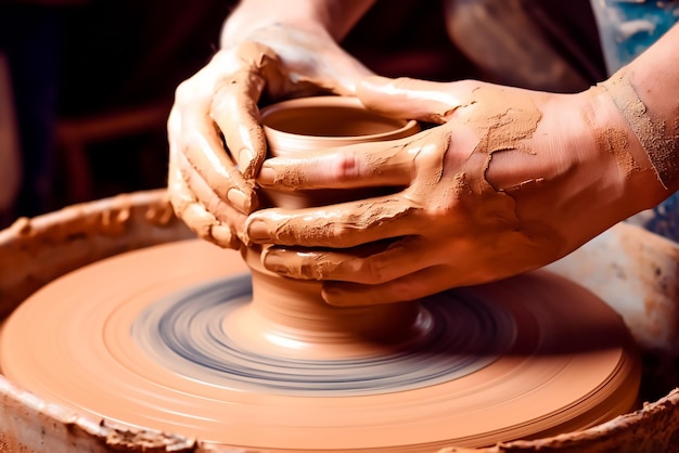 Closeup shot of beautiful pottery making using clay