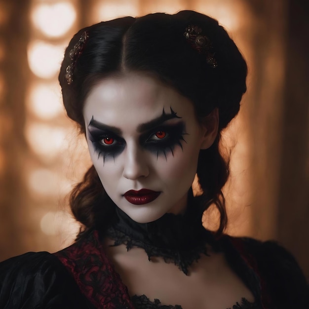 Closeup shot of beautiful vampire indoor photo of lady with scary makeup posing in halloween