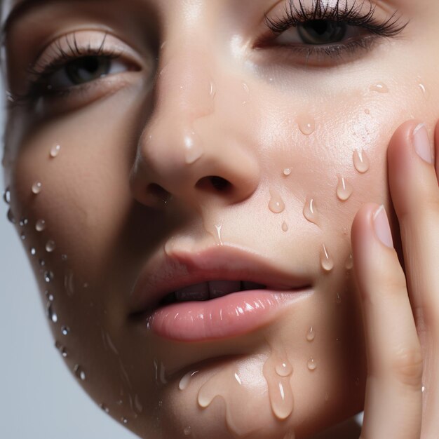 Photo closeup shot of beautiful woman face with beautiful skin and water drops