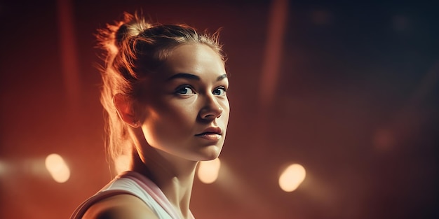 Closeup shot of beautiful woman playing tennis indoor lonely tennis player