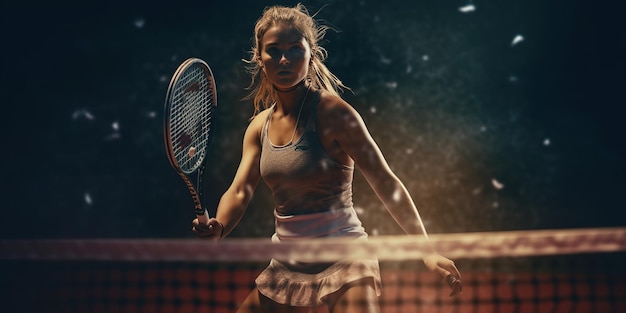 Closeup shot of beautiful woman playing tennis indoor lonely tennis player