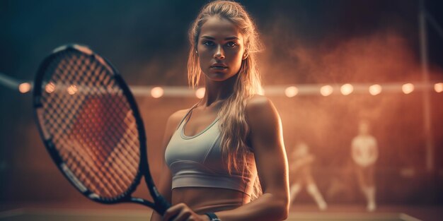 Closeup shot of beautiful woman playing tennis indoor lonely tennis player