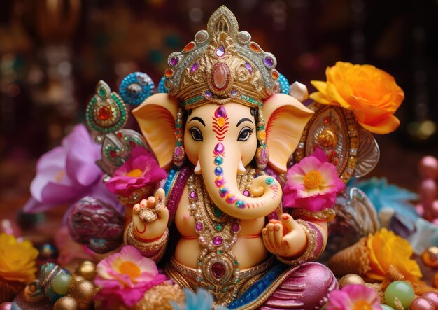 A closeup shot of a beautifully decorated ganesha idol capturing the intricate details of the vibr