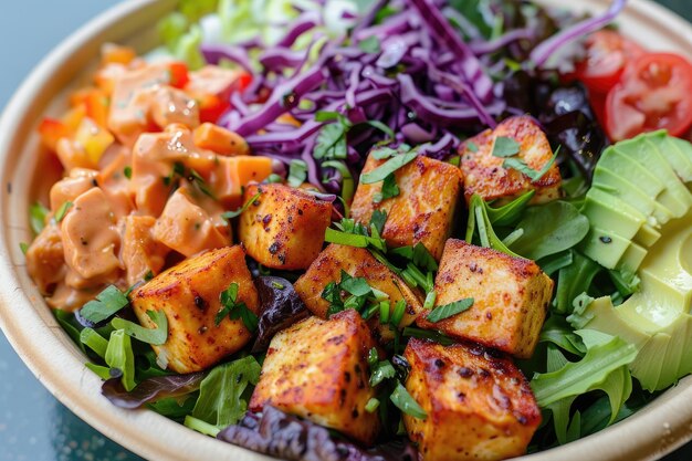 A closeup shot of a beautifully presented healthy salad bowl