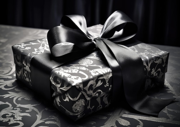 A closeup shot of a beautifully wrapped gift adorned with a satin bow and shimmering ribbon The c