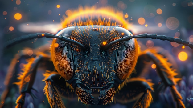 A closeup shot of a bee in flight golden hour the bees wings and body hair are visible and emphasized by the lighting