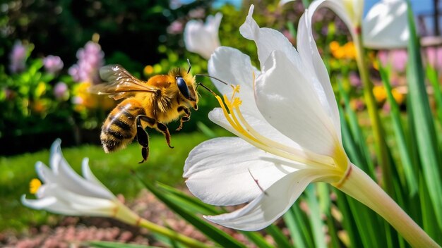 白い花を授粉するために飛ぶミツバチのクローズアップ写真
