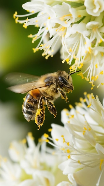 Closeup shot of a bee flying to pollinate white flowers