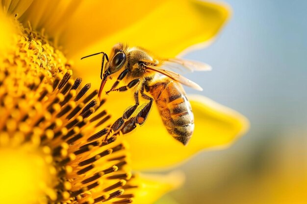 Closeup shot of a bee landing on a beautiful sunflower