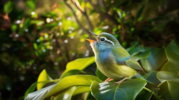 Closeup shot of a bird on a green leaf