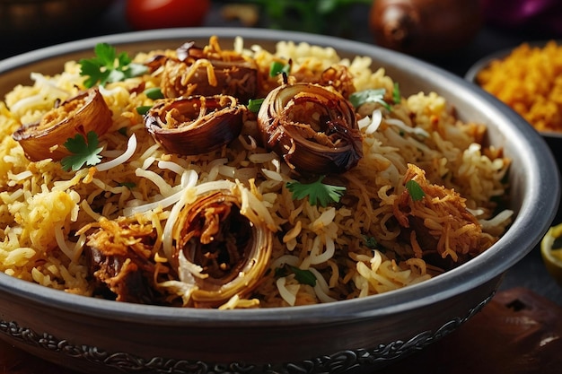 A closeup shot of biriyani garnished with fried onions