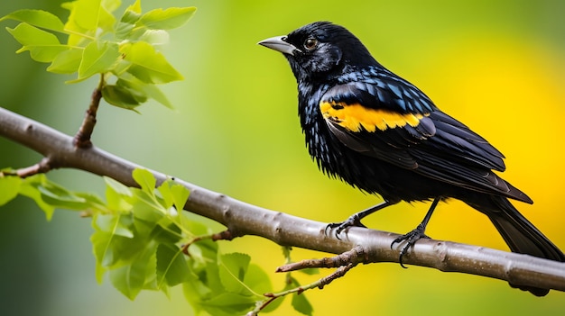 枝に止まっている黒い鳥のクローズアップショット