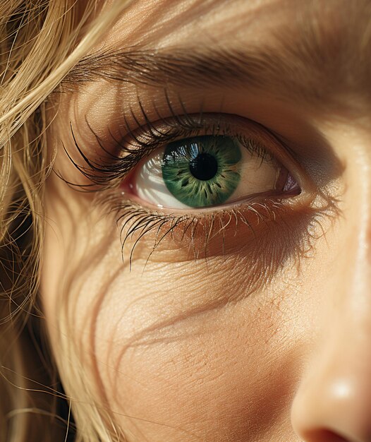 Photo closeup shot of blue female eye with long eyelashes