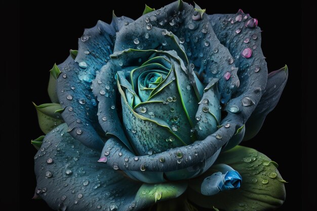 A closeup shot of a blue rose with green foliage and water drops set against a black background AI