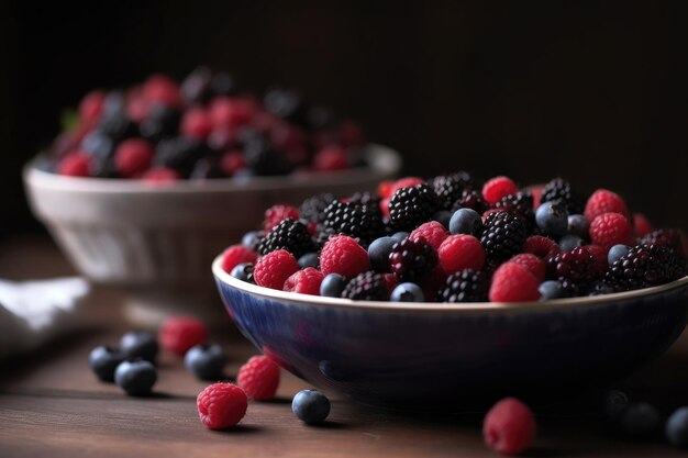 Closeup shot of a bowl of berries on a table created with generative ai