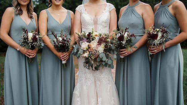 Closeup shot of the bride and her bridesmaids standing and holding bouquets no faces captured