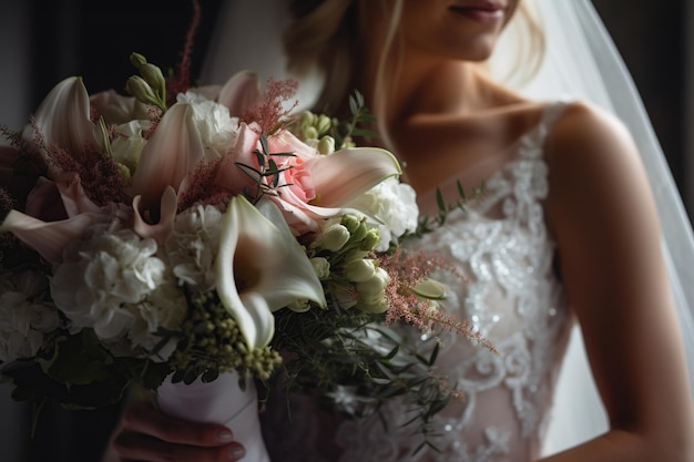 A closeup shot of a bride's hands holding her beautiful wedding bouquet