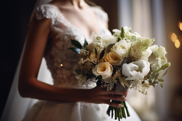 Вблизи руки невесты с ее красивым свадебным букетом