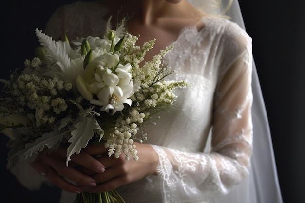 美しい結婚式の花束を握っている花嫁の手のクローズアップショット
