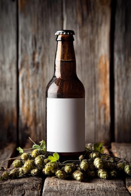 A closeup shot of a brown beer bottle featuring a blank white label entwined in fresh hops against