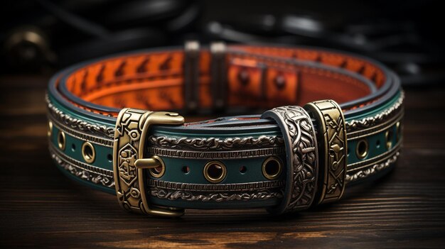 A closeup shot of a brown leather belt with a bracelet on a black backgroundgenerative ai