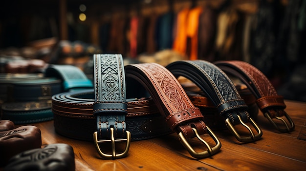 Photo a closeup shot of a brown leather belt with a bracelet on a black backgroundgenerative ai