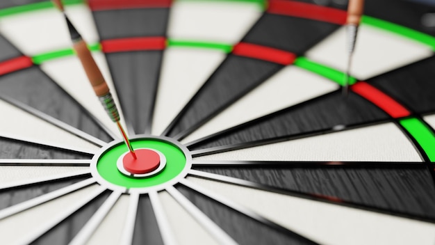 Closeup shot bullseye or dart board has dart arrow accurately hitting the center