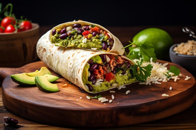 A closeup shot of a burrito being served on a trendy slate platter