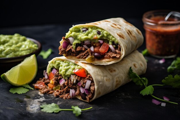 A closeup shot of a burrito being served on a trendy slate platter