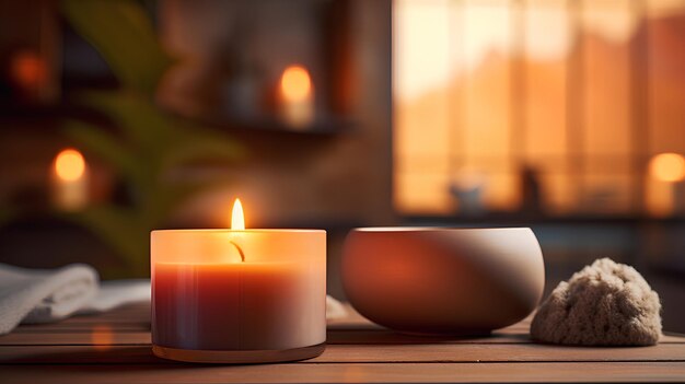 Photo closeup shot of a candle clean and relaxing spa saloon